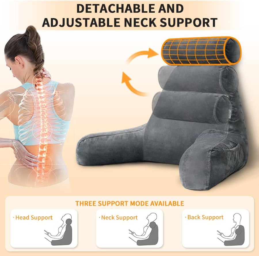 26" Reading Pillow for Sitting Up in Bed, Backrest with Arms