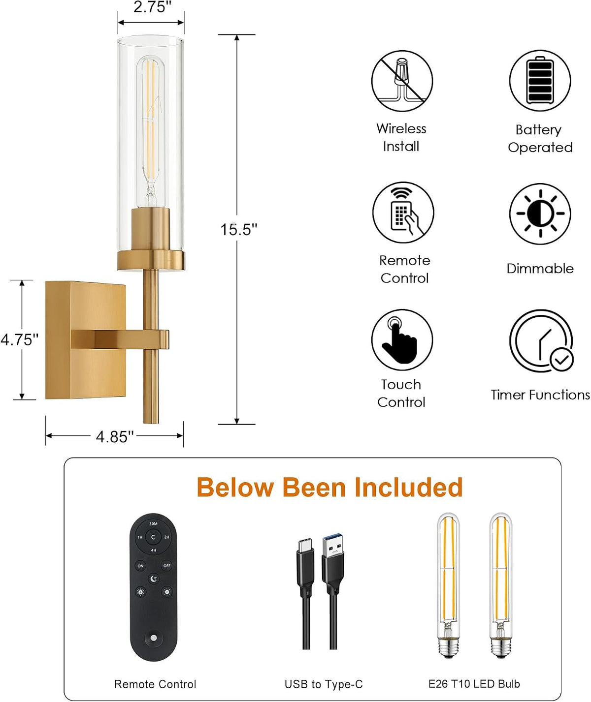 Wireless Wall Sconces with Remote Control, Battery Operated Wall Sconce Set of 2, Black & Gold Rechargeable Dimmable Wall Light for Bedroom Living room Bathroom Hallway Entryway Stairwell, 3000K