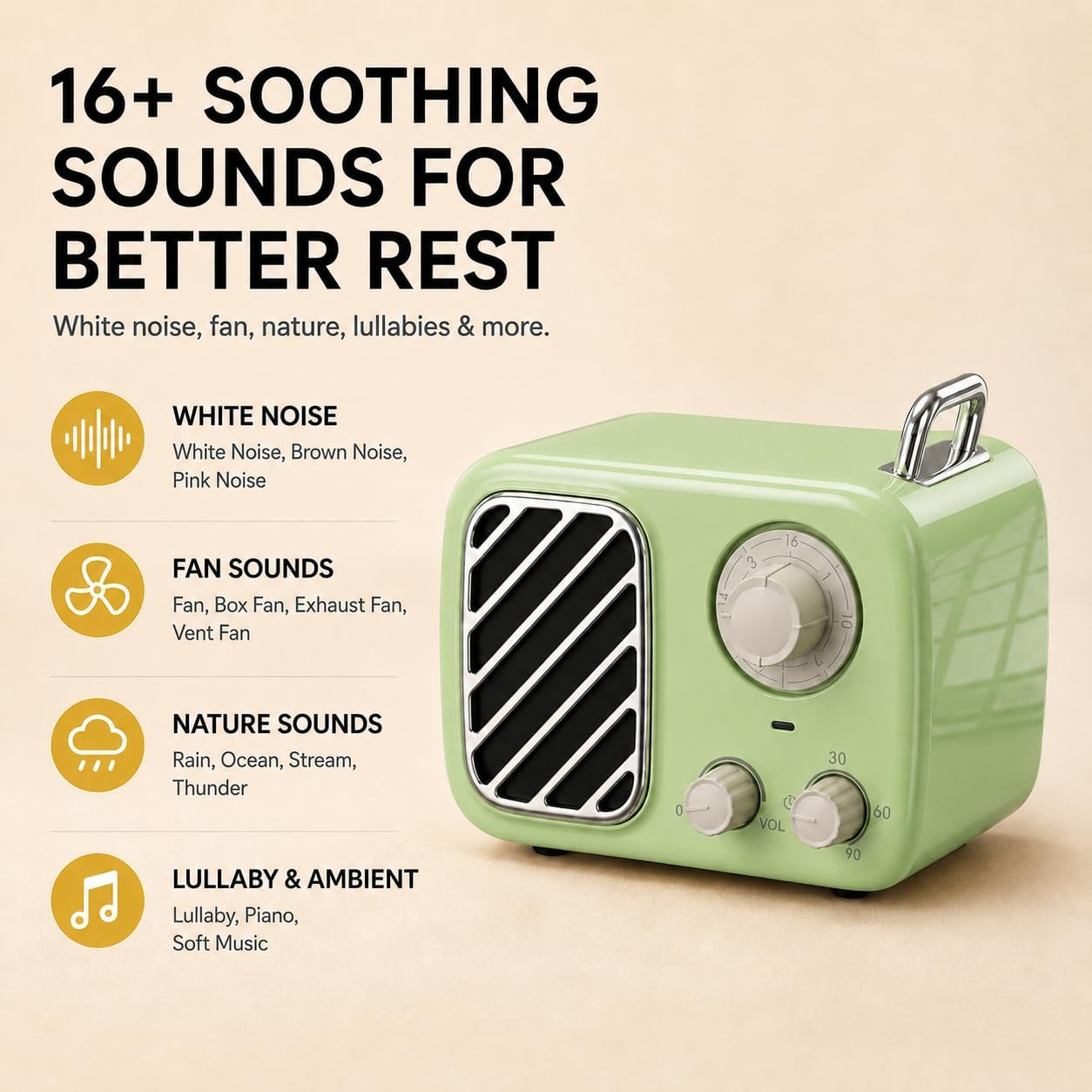 Portable White Noise Machine with Rich Sound, Non-Looping Sleep Sounds,Yellow