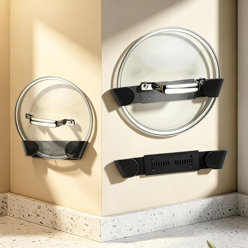 Adjustable Universal Pot Lid Holder Organizer for Cabinet, 4 Pcs Self Adhesive Wall Mount Pots Top Rack for Kitchen Cupboard Fit 7.87" to 10.63", Gray