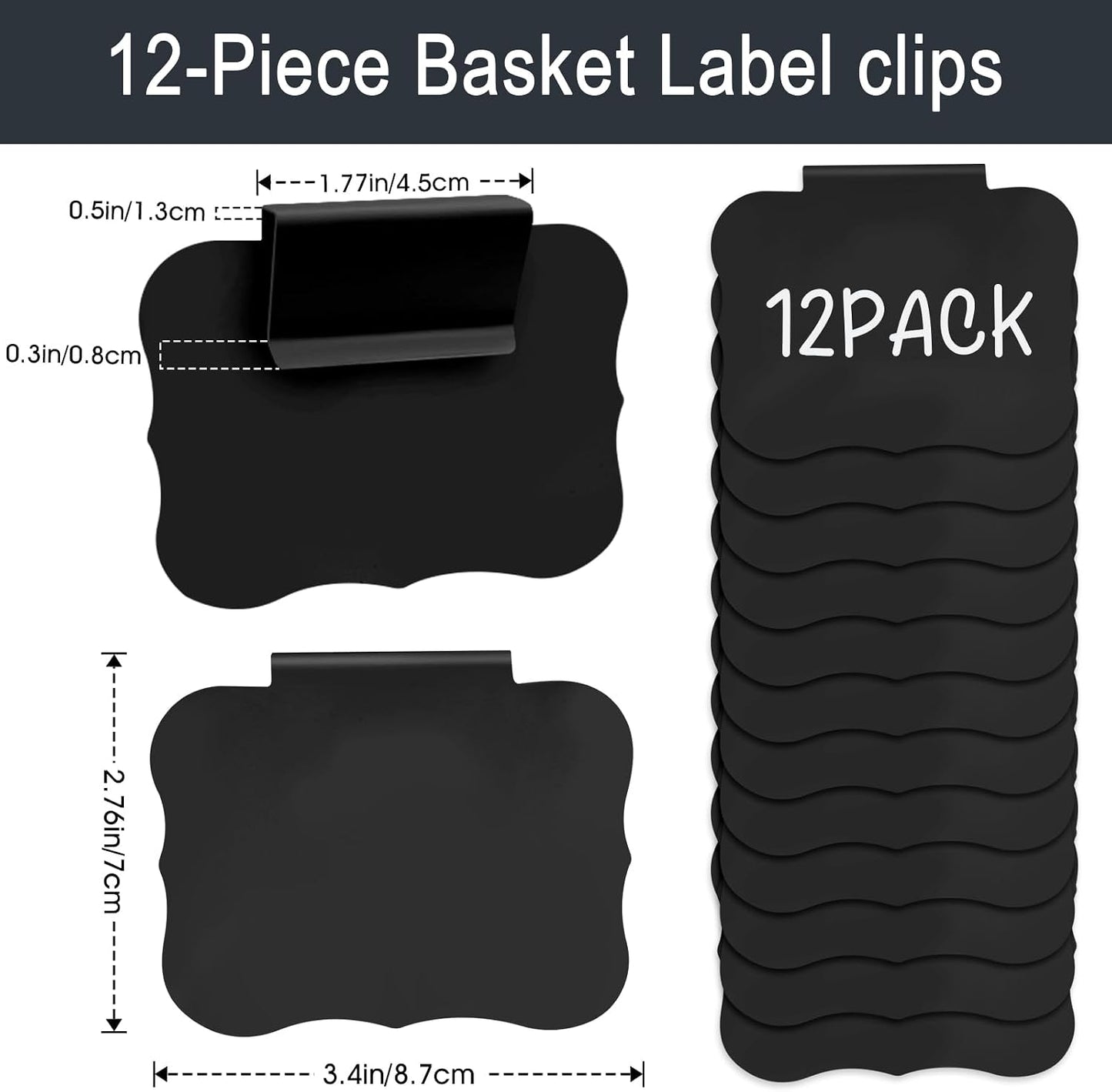 12pcs White Basket Labels Removable PVC Labels | Clip On for Storage Bins, Removable PVC Labels for Baskets with Holders, 3.5x2.7 Inches