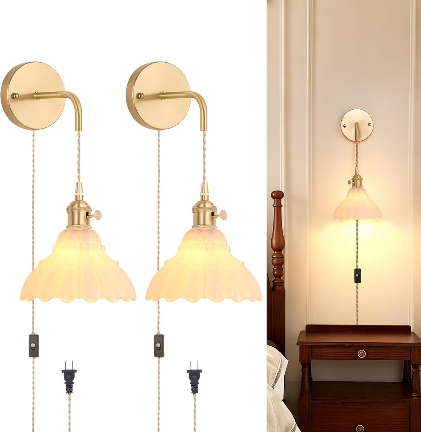 Shenmoyl Battery Operated Wall Sconce Wall Lamp with Green Lily of the Valley Shade Pattern Glass Adjustable Chain Retro Gold Wall Mounted Light, Modern Wall Lamp Fixtures Decor for Bedside Bedroom
