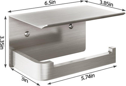 Gypie Toilet Paper Holder with Marble Shelf, Wall Mounted Matte Black | Toilet Roll Holder Black for Bathroom Washroom, Extended Base