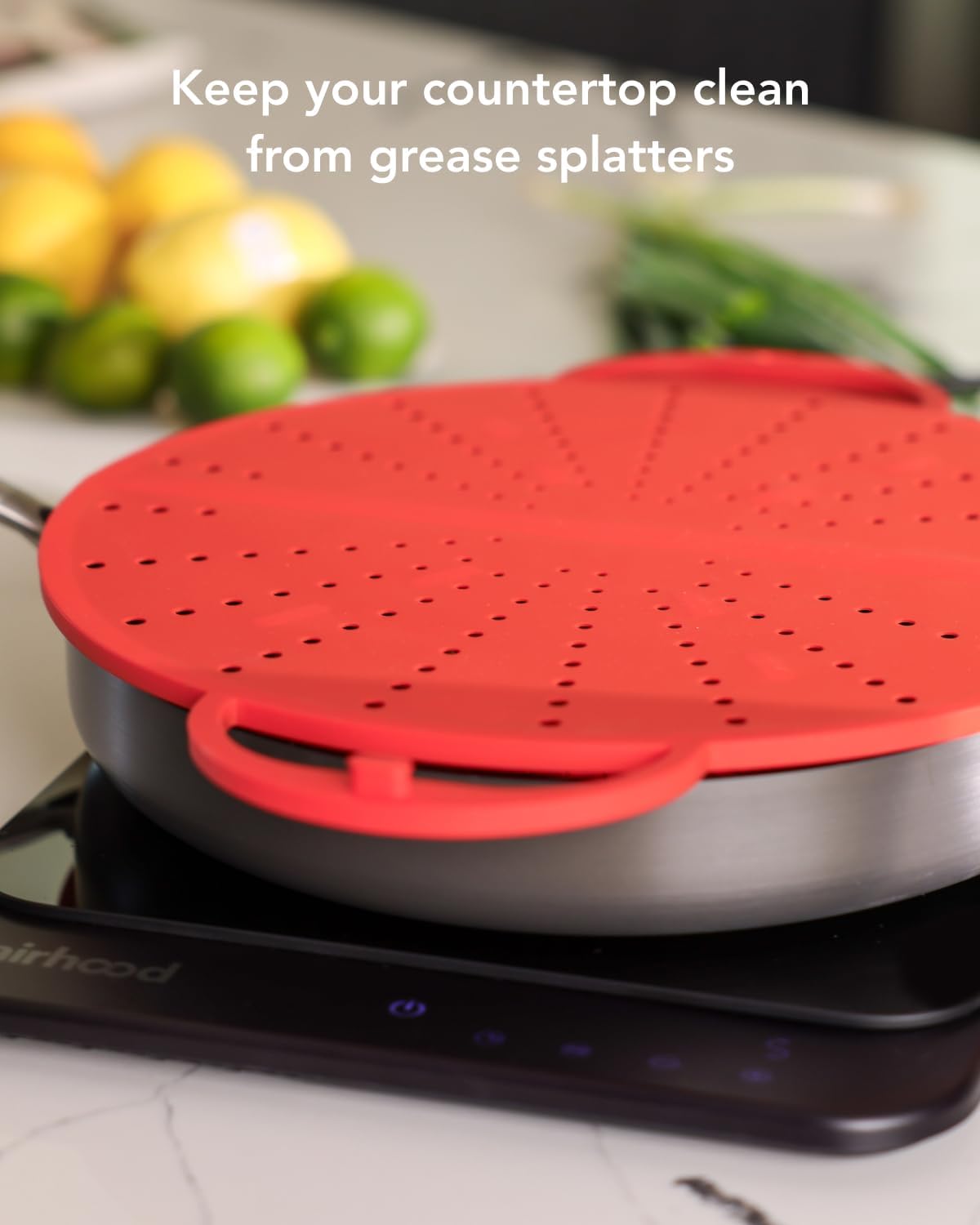 Silicone Splatter Screen, 2-in-1 Trivet & Splatter Screen, Black | Foldable BPA-free silicone guard blocks grease splatter, vents steam, opens for stirring, doubles as heat-resistant trivet