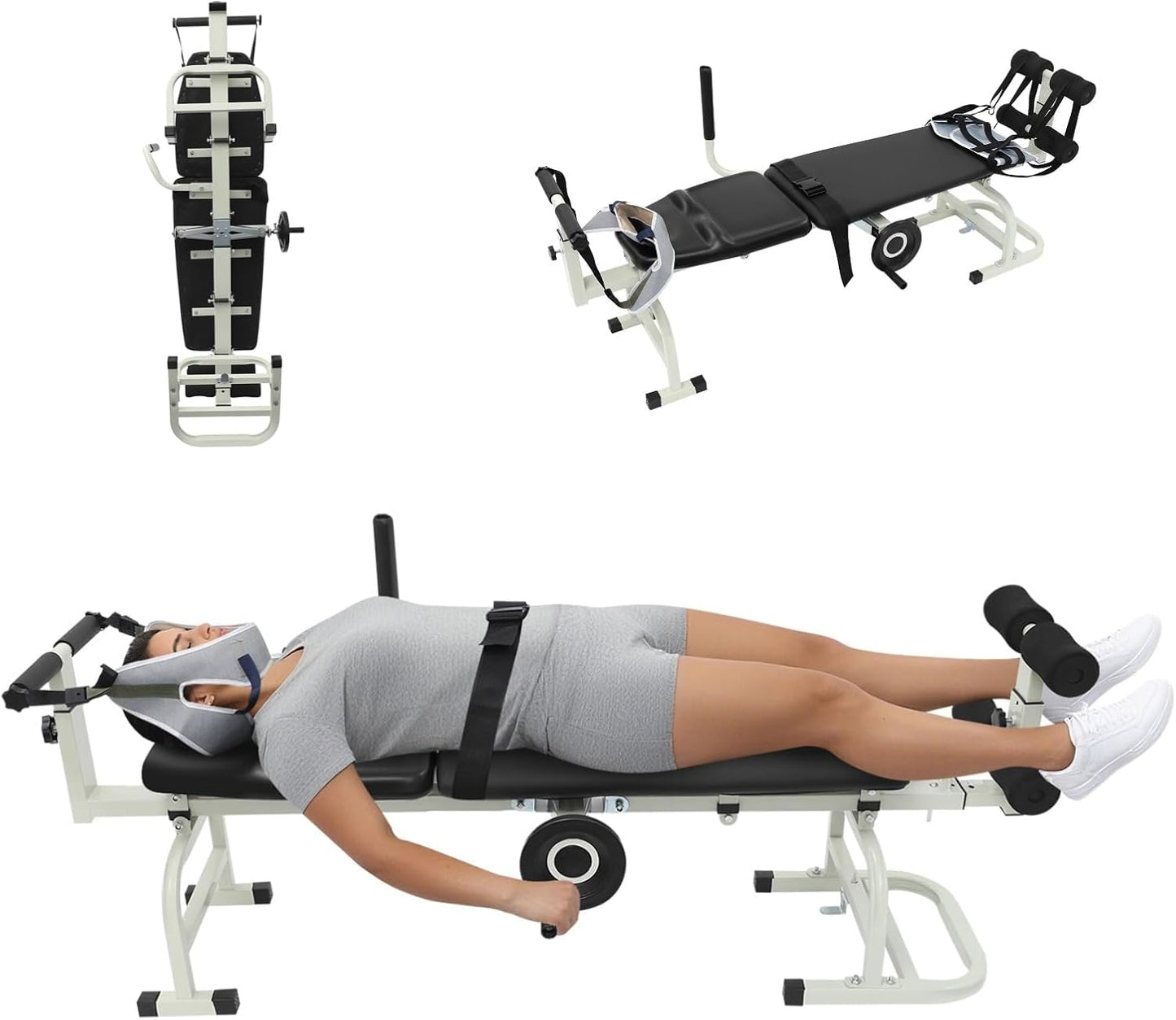 Bepritm Traction Bed Folding Massage Bed Table Cervical, Versatile Neck Stretcher Taction Devices for Home Use, Back Stretch Bench Lumbar Traction Device w/Base&Safety Belt&Adjustable Length