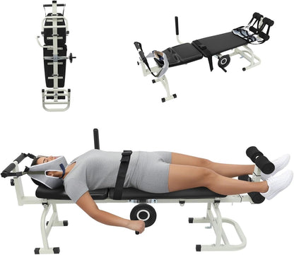 Bepritm Traction Bed Folding Massage Bed Table Cervical, Versatile Neck Stretcher Taction Devices for Home Use, Back Stretch Bench Lumbar Traction Device w/Base&Safety Belt&Adjustable Length