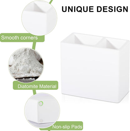 Diatomite Toothbrush Holder Toothpaste Organizer, Marble White | Quick Drying, Non-Slip, 2 Slots Kids Electric Tooth Brush Holder for Bathroom, for Countertop, Shower, Vanity