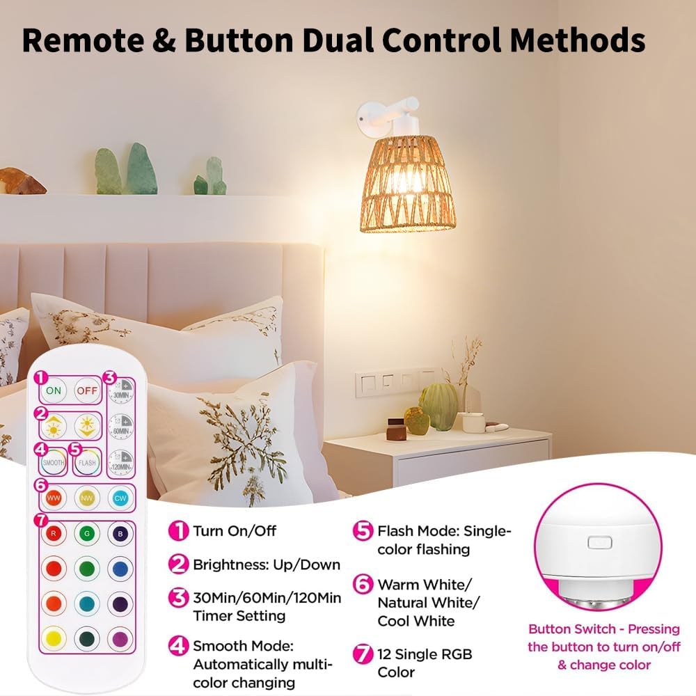 Boho Battery Operated Wall Sconces, Rattan Wall Sconce Set of 2 with Remote, RGB 15 Colors Dimmable Rechargeable Wall Light, Black Indoor Wireless Wall Lamp, Farmhouse Rattan Wall Lighting for Bedroom