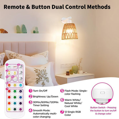 Boho Battery Operated Wall Sconces, Rattan Wall Sconce Set of 2 with Remote, RGB 15 Colors Dimmable Rechargeable Wall Light, Black Indoor Wireless Wall Lamp, Farmhouse Rattan Wall Lighting for Bedroom