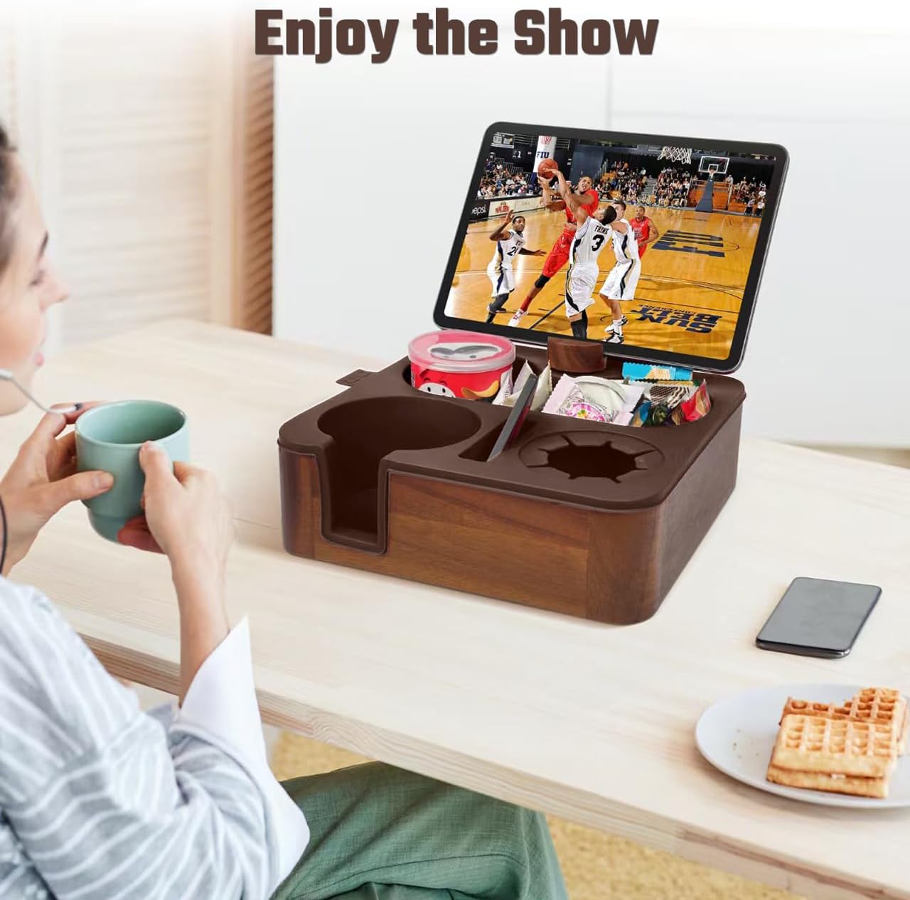 Couch Cup Holder Tray, Real Acacia Wooden Caddy with Soft Silicone, Snack and Drink Organizer- Perfect Movie Night Accessories for Bed, Remote and Cup Holders for Sofa (Black)