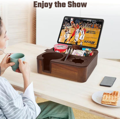 Couch Cup Holder Tray, Real Acacia Wooden Caddy with Soft Silicone, Snack and Drink Organizer- Perfect Movie Night Accessories for Bed, Remote and Cup Holders for Sofa (Black)