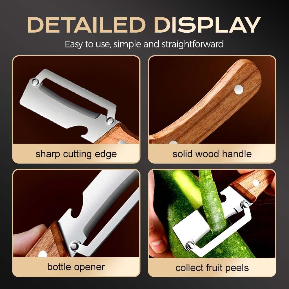 Premium Vegetable Peeler with Wooden Handle and Bottle Opener,Multi-Functional Vegetable Peeler for Kitchen, 2-In-1 Stainless Steel Kitchen Tool, for Fruit Veggie, Includes Bottle Opener (3-In-1 2PCS)