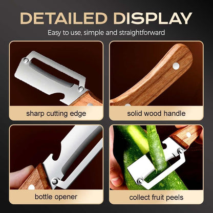 Premium Vegetable Peeler with Wooden Handle and Bottle Opener,Multi-Functional Vegetable Peeler for Kitchen, 2-In-1 Stainless Steel Kitchen Tool, for Fruit Veggie, Includes Bottle Opener (3-In-1 2PCS)