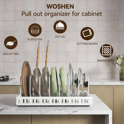 Black 2 Pack Pot Lid Organizer, Pull Out Cabinet Rack, 16 Dividers | 2-pack black carbon steel rack, 16 adjustable dividers, quiet slide rails, adhesive or screw mount for lids, pans, bakeware