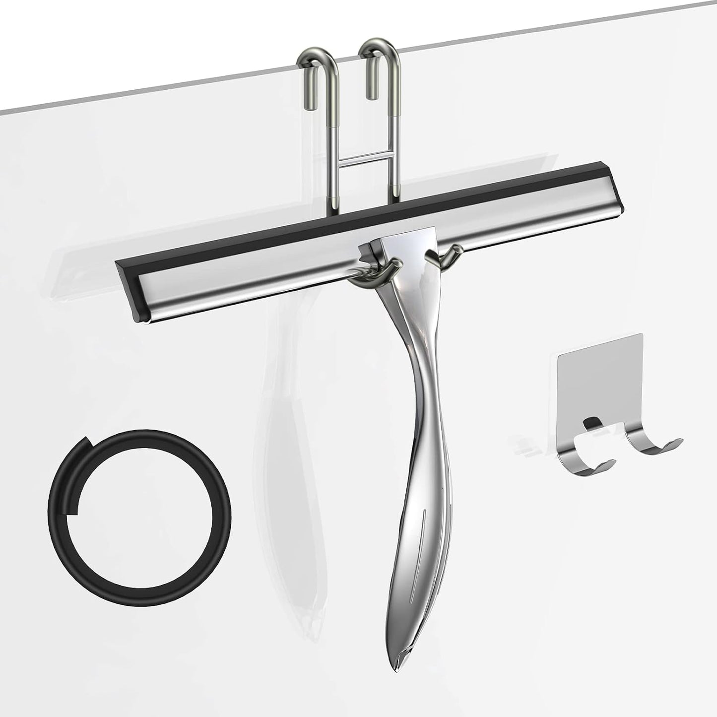 14-Inches Stainless Steel Shower Squeegee Set, Include Shower Door Hook, Adhesive Hook and Spare Silicone Blade, Window Squeegee for Shower Glass Door, Bathroom, Mirror, Window and Car Glass