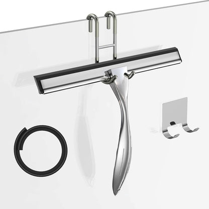 14-Inches Stainless Steel Shower Squeegee Set, Include Shower Door Hook, Adhesive Hook and Spare Silicone Blade, Window Squeegee for Shower Glass Door, Bathroom, Mirror, Window and Car Glass