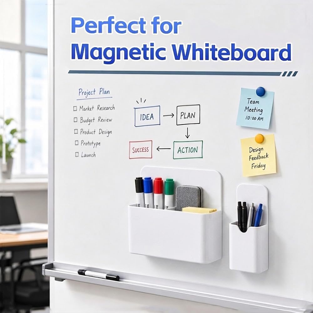 Magnetic Pen Holder, 2 Pack Magnetic Dry Erase Marker Holder, Black Strong Magnetic Marker Holder Pen Pencil Organizer for Whiteboard, Refrigerator, Office, Locker Accessories, Classroom Must Haves