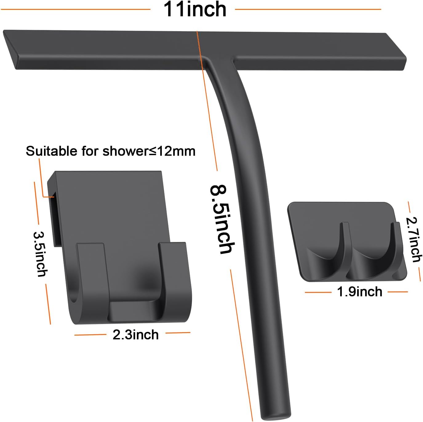 Silicone Shower Squeegee, Black, 9 inch | All-Purpose, For Shower Glass Door Window Mirror Tile Car Walls, 2 Hooks Included, Bathroom Accessories