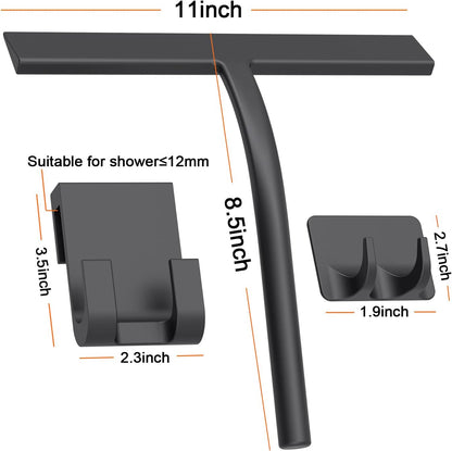 Silicone Shower Squeegee, Black, 9 inch | All-Purpose, For Shower Glass Door Window Mirror Tile Car Walls, 2 Hooks Included, Bathroom Accessories