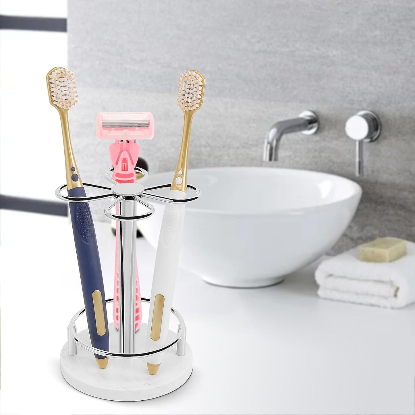 Toothbrush Holder Stand for Bathroom, Metal Toothbrush Organizer with Marble Base, Toothbrush Storage Collection for Family, Suitable for Home Hotel Countertop Vanity (Small, Matte Black)