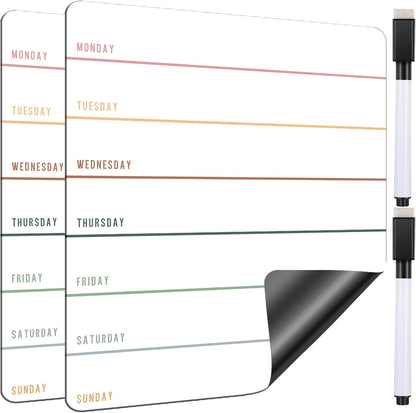 Outus 2 Pieces Magnetic Weekly Dry Erase Boards Erasable Weekly Calendars Whiteboard Planners with 2 Pieces Markers for Office, Home, School Supplies (Color 1, 9.4 x 7.5 Inch)