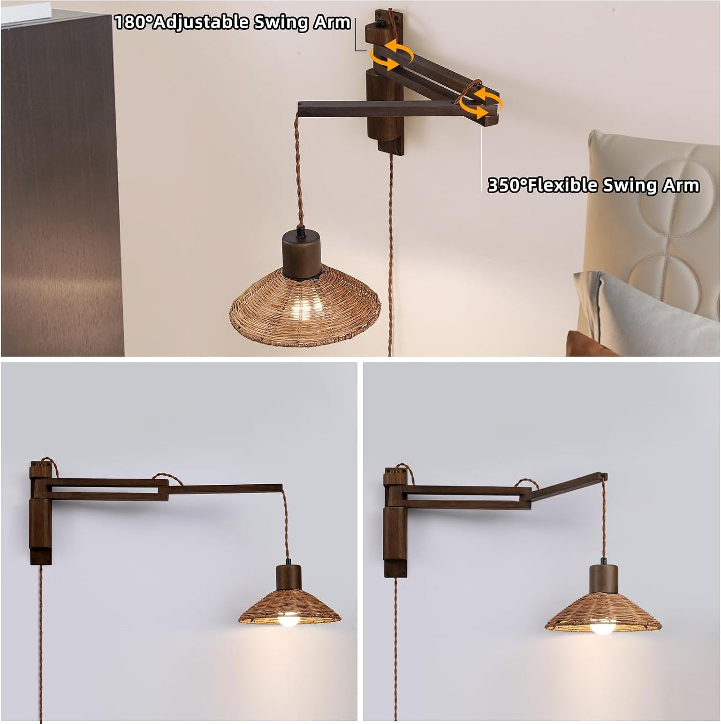 maesta Plug in Wall Lamp, Wood Swing Arm Wall Sconce for Bedroom | Swing Arm Wall Lamp, Natural Wood Finish with Corded Plug In Design, Dimmable Switch and Bulb Included for Bedroom Bedside