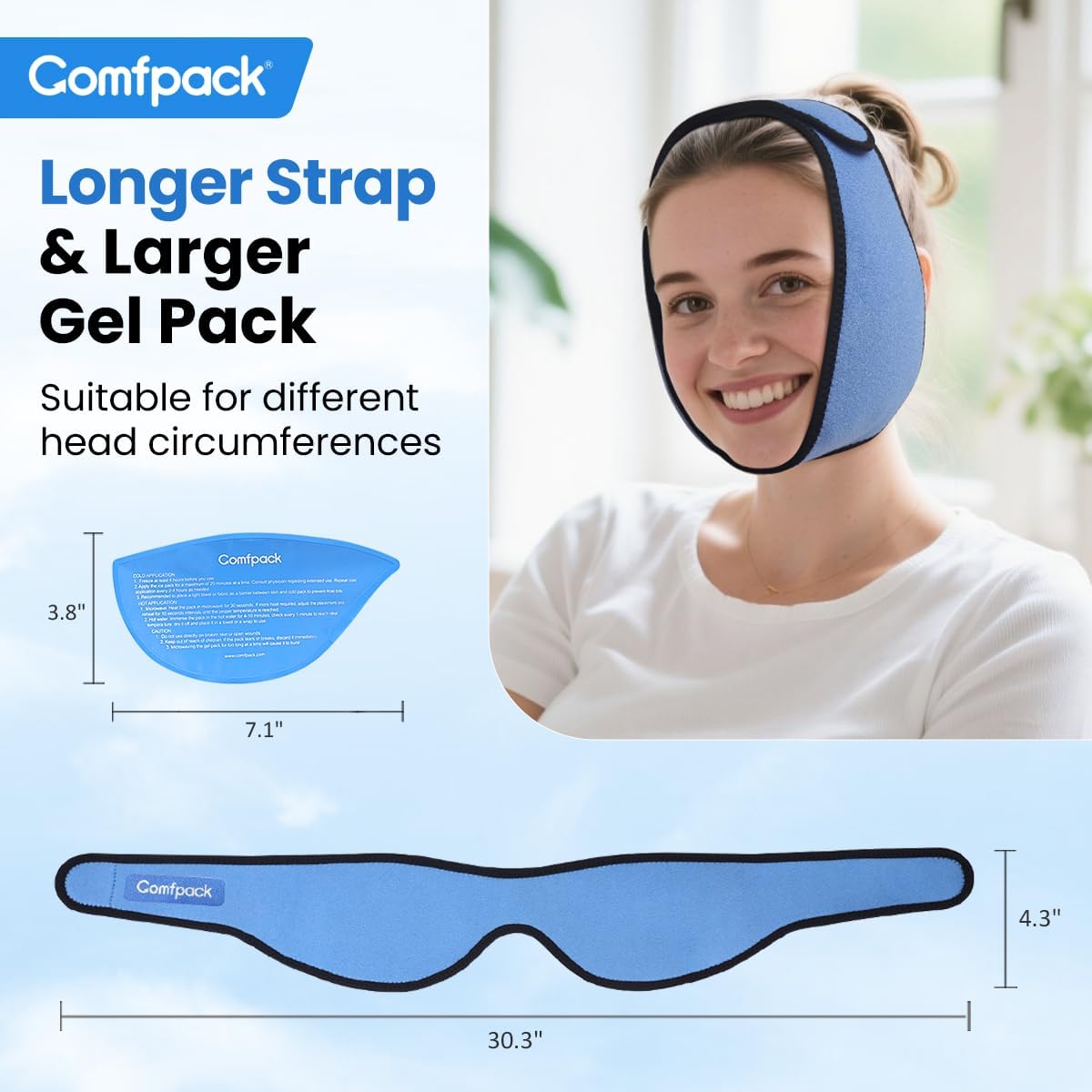 Comfpack Face Ice Pack Wrap for TMJ Relief with 4 Reusable Gel Packs | Hot Cold Therapy, Wisdom Teeth Ice Pack Head Wrap for Tooth Extraction & Teeth Removed, Oral Surgery, Cosmetic Injection