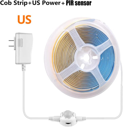 COB LED Strip PIR Set DC 12V 320Chips FOB Light Tape 3000K 4000K 6000K Lamp Band with 110V - 220V 1A 2A AC Power Adapter with PIR Sensor (1m COB Light+US 1A Power Supply+PIR Sensor, Cool White 6000K)