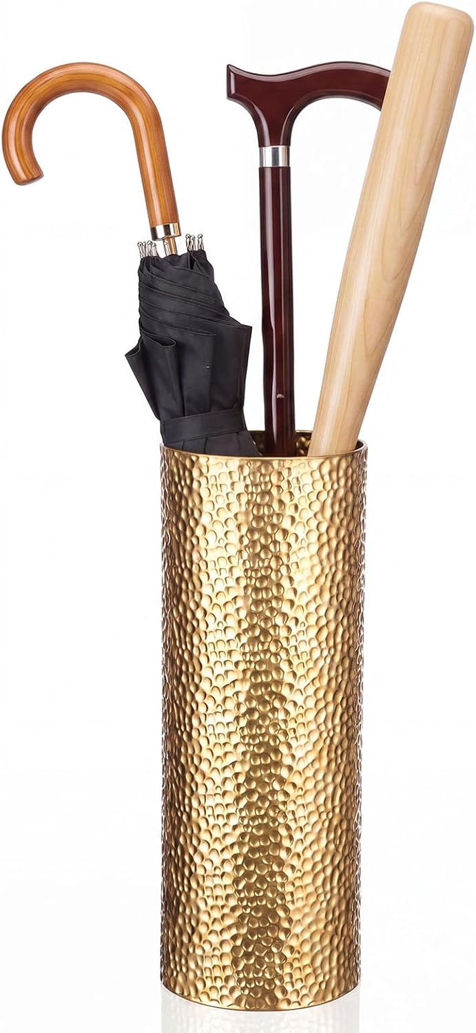 Lounsweer Metal Hammered Umbrella Stand, Gold Cylindrical Umbrella Holder for Entryway, Free Standing Canes Walking Sticks Organizer, Round Waterproof Drip Container for Home Office, 15.8 x 5.9 in