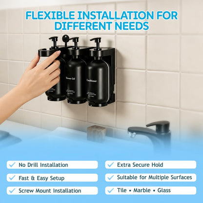 Shampoo and Conditioner Dispenser, Wall-Mounted 3-Bottle Set | 3 Refillable PET Bottles with Waterproof Labels, Adhesive and Screws for Bathrooms, Showers, Hotels, Vacation Rentals and RVs