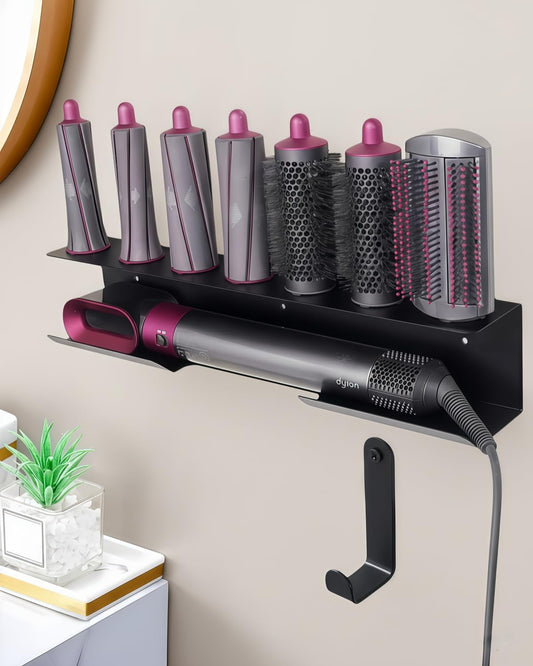 Hair Tool Organizer Wall Mount, Stainless Steel Hair Tool Holder with 2 Heat-Resistant Cups, Curling Iron Holder for Vanity, Hot Tools Organizer with PVC Ring,Hair Dryer Holder for Bathroom, BANJEKT