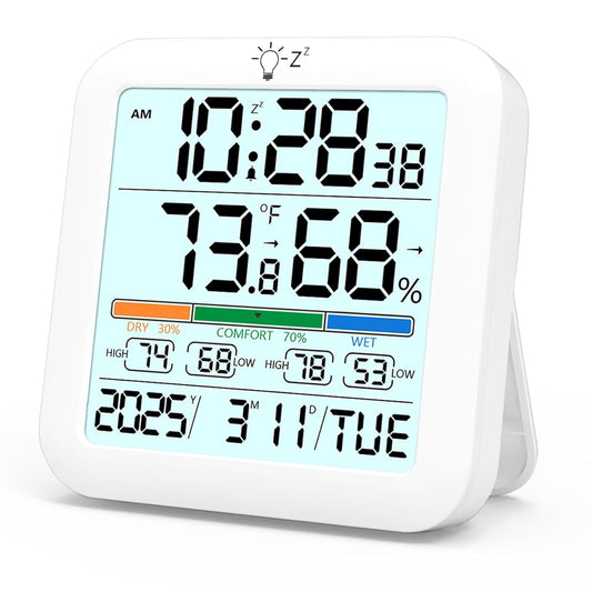 Mini Digital Indoor Thermometer Hygrometer Clock, Room Temperature Humidity Monitor with Calibration, Backlight, Air Comfort Indicator, 24H Max Min Record, Time, Alarm for Home (Size：3.2"x 3.2")