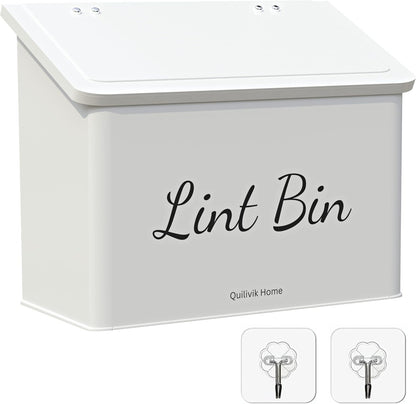 Metal Magnetic Lint Bin With Lid For Laundry Room Decor With Small Lint Holder Bin| Metal Box| Lint Holder Bins for Organzation (White, Small)