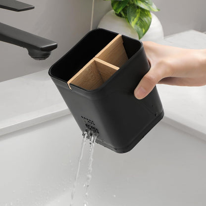 Electric Toothbrush Holder Tooth Brush and Toothpaste Organizer, Black | 3 Slots, Drainage Holes, Removable Bamboo Divider, Ventilation Design, Space-Saving, for Bathroom Countertop, Shower, Vanity