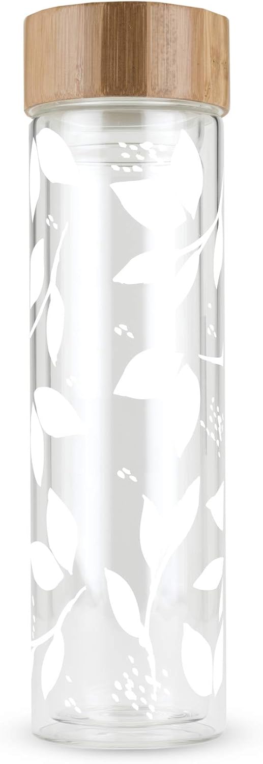Pinky Up Blair Travel Tea Infuser Mug, Double Walled Insulated Travel Tumbler with Loose Leaf Tea Strainer, Travel Coffee Mug, Keeps Drinks Hot or Cold, 16 oz, White Leaf