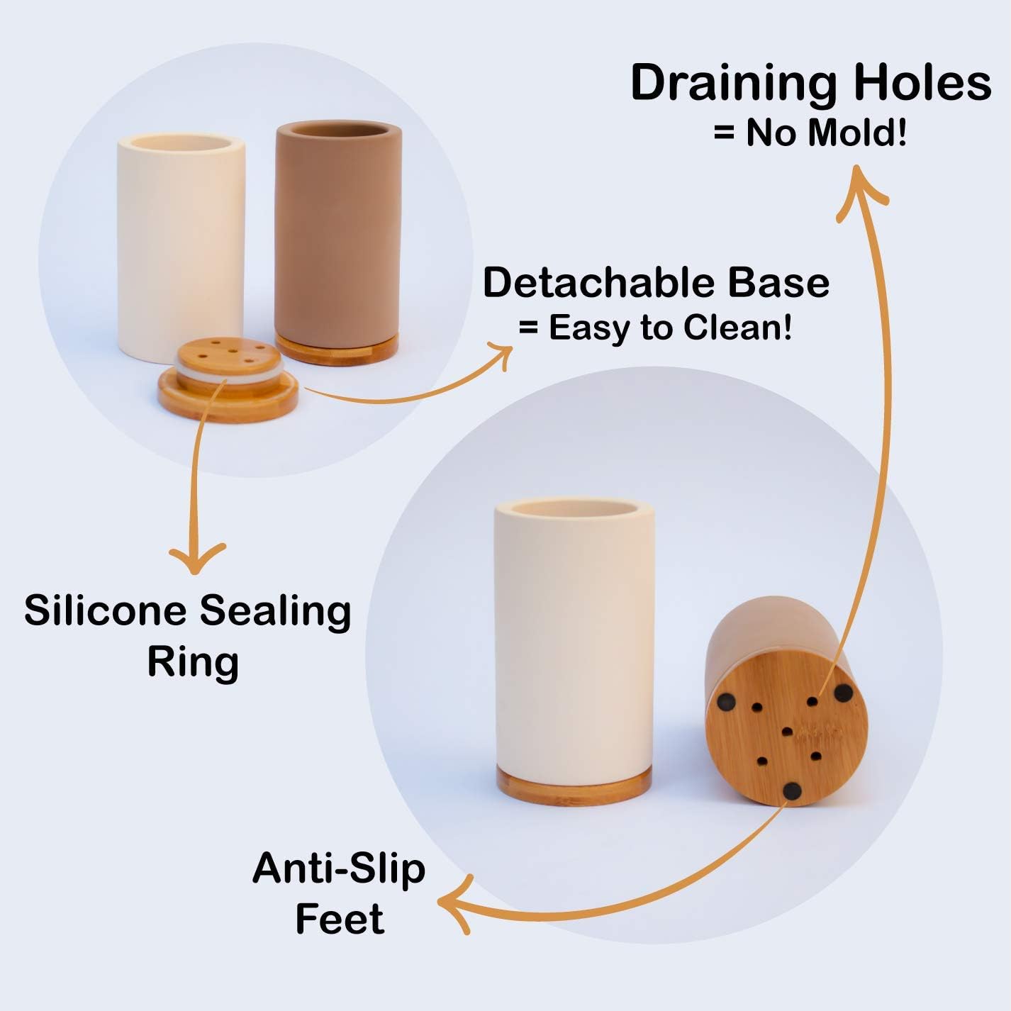 Matani Bamboo Toothbrush Holder Diatomite Tooth Brush Organizer - Storage Stand for Small Bathroom & Counter - Removable Base & Drain Holes, Water-Absorbent & Quick-Drying (Brown)
