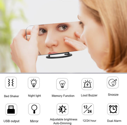 Digital Vibration Alarm Clock with Loud Sound 12/24 Hour Bed Shaker Auto-Dimming Night Light Snooze Memory Function for Heavy Sleepers Bedroom Home