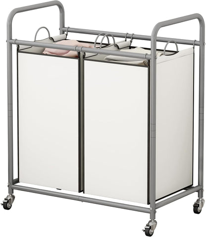 SUOERNUO Laundry Hamper with Lockable Wheels and 2 Removable Bags | Rolling Laundry Basket Laundry Sorter 2 section for Dirty Clothes in Laundry Room or Small Spaces, Grey+Beige