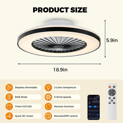 18.9" RGB Flush Mount Ceiling Fan with Light, 6 Speeds 3 Colors | Indoor Ceiling Fan · RGB+3CCT Dimmable · App/Remote Control · Quiet DC · 6-Speed Reversible · Flush Mount 18.9" · Kids Room