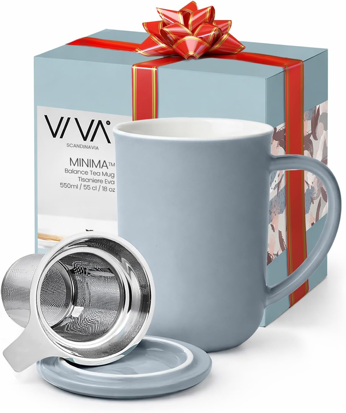 VIVA Minima Balance Porcelain Tea Cup with Infuser and Lid, Dishwasher Safe Stainless Steel Tea Infuser Mug for Loose Leaf Tea Brewing, 17 oz / 500 ml - Hazy Blue