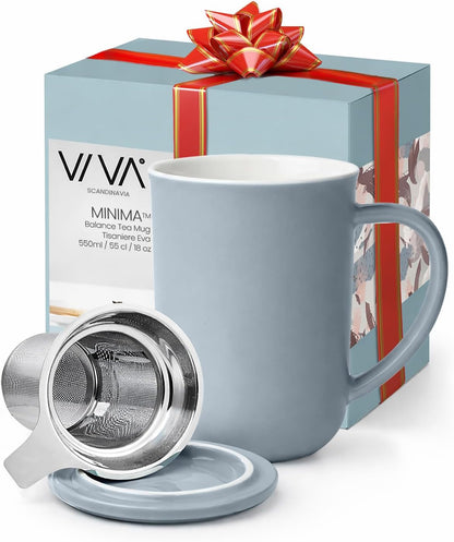 VIVA Minima Balance Porcelain Tea Cup with Infuser and Lid, Dishwasher Safe Stainless Steel Tea Infuser Mug for Loose Leaf Tea Brewing, 17 oz / 500 ml - Hazy Blue