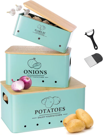 Kitchen Vegetable Storage Set of 3, Metal Onion Garlic Potato Storage Set, Kitchen Canisters Vegetable Keeper Containers with Aerating Holes and Bamboo Lid,Black