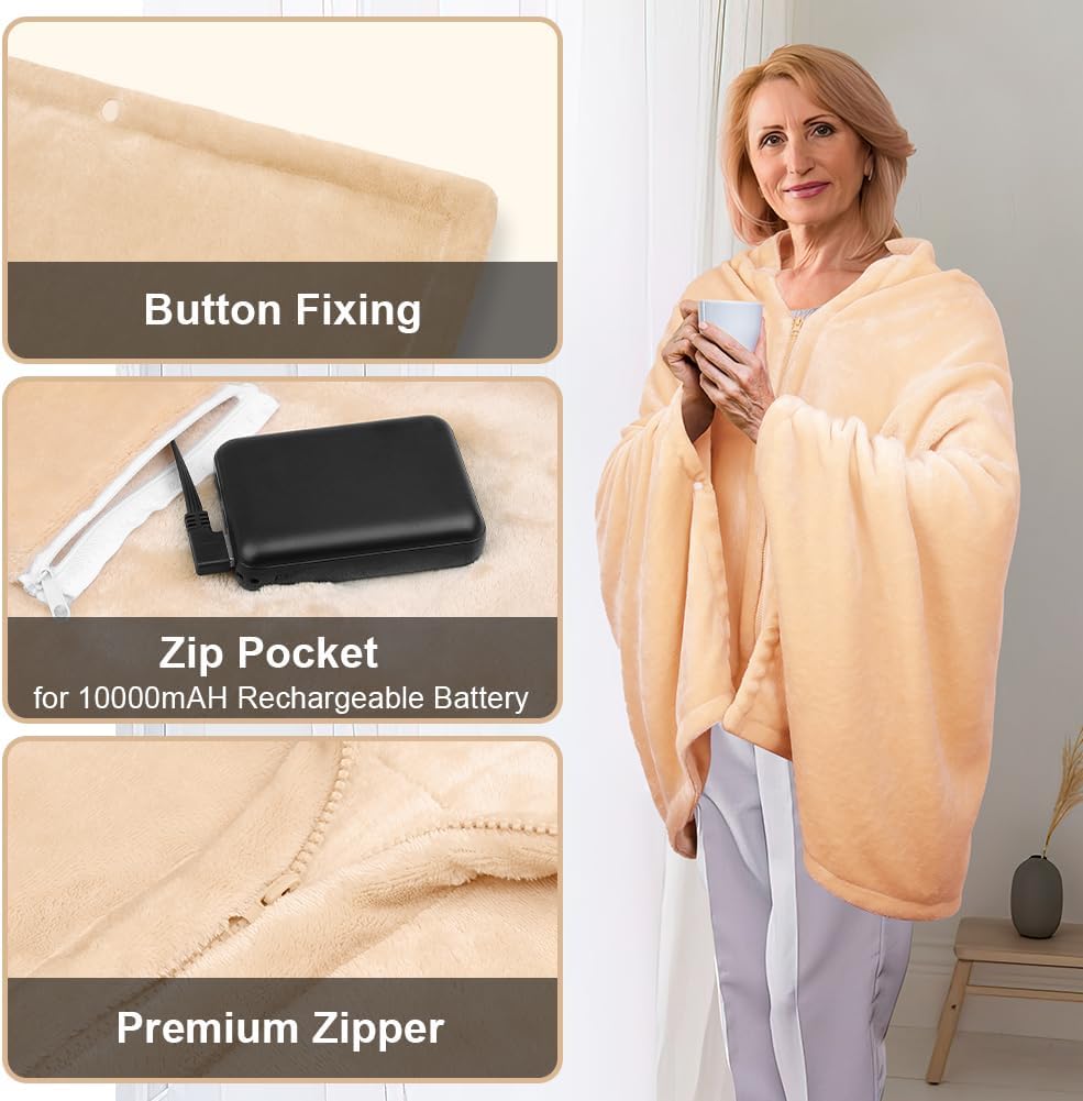 Heated Blanket Battery Operated with Fleece Lining 7.4V 16000mAh Battery 62" x 35" Heated Shawl Wraps for Women Men Cordless USB Outdoor Portable Electric Blanket 6 Heating Zones Khaki