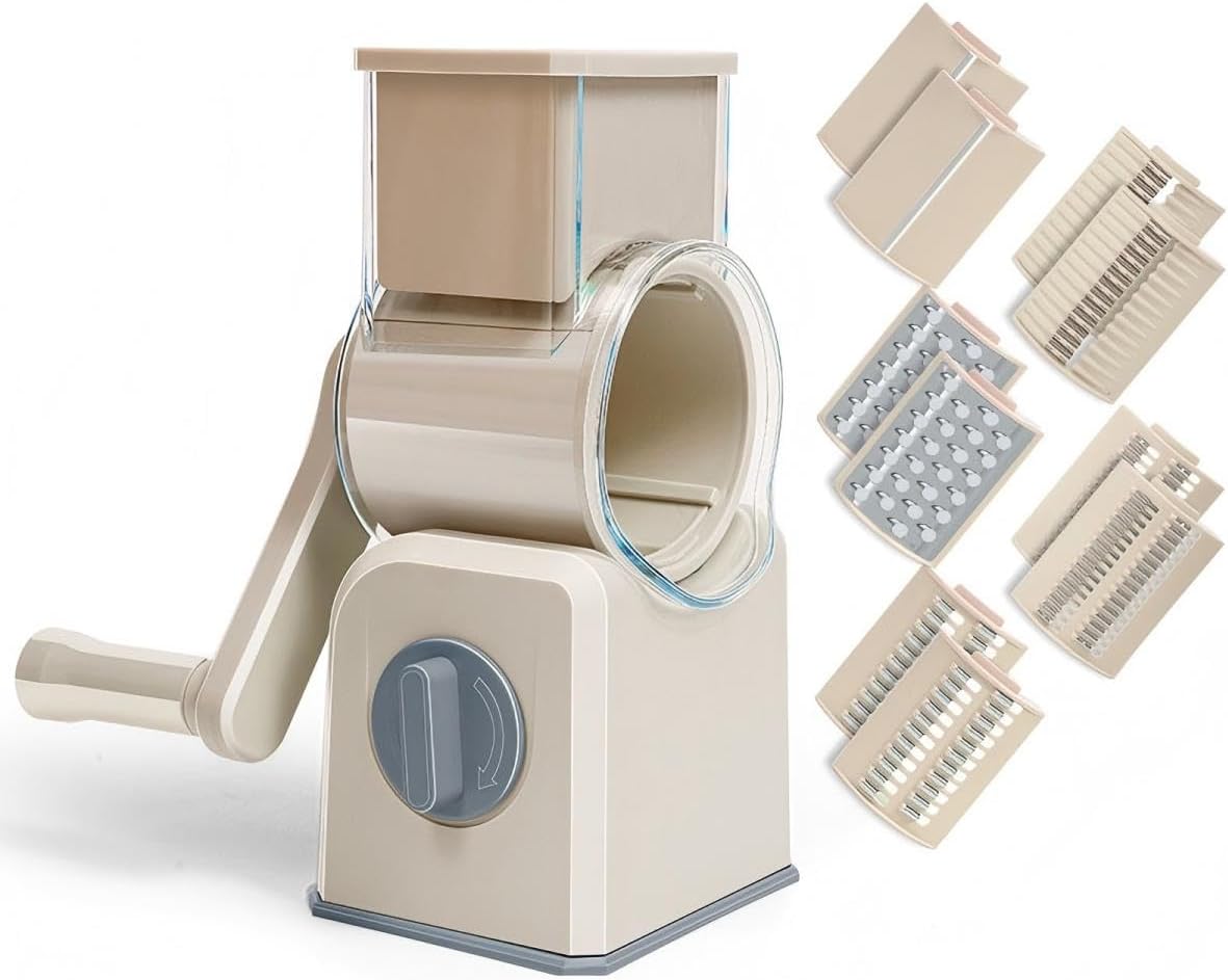 Rotary Cheese Grater with Hand Crank, Multi-Purpose Shredder Slicer with 3 Interchangeable Stainless Steel Blades for Shredding, Slicing, and Grating Cheese, Vegetables, and Fruit (Green)