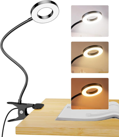 Clip on Desk Lamp, 5W LED Reading Light, 400 Lumens Book Light, 3 Color Modes 6 Brightness Levels, USB Powered Adjustable Neck Lamp for Desk, Bedside, Study, Office