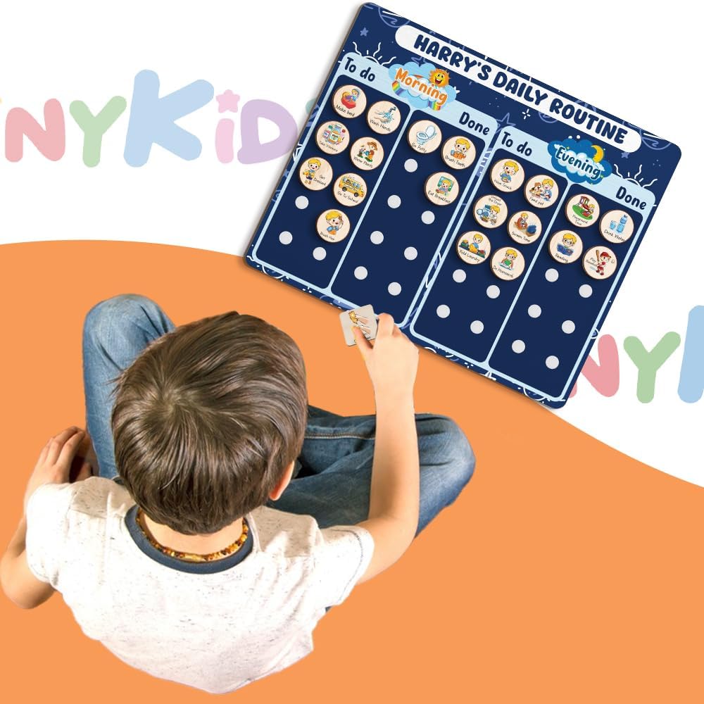 Daily Routine Chart for Kids, Visual Schedule, Routine Chart for Toddlers 3-5, Morning Bedtime Routine Chart for Toddlers, Wooden Chore Chart for Kids