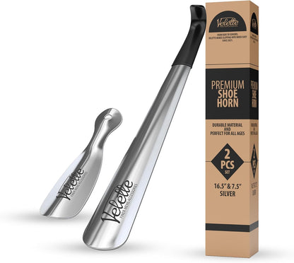 Metal Shoe Horn Long Handle for Seniors - Stainless Steel 2 Pack | 16.5 in + 7.5 in Travel Size, Shoehorn Fits Boots Sneakers Dress, Men Women Kids Elderly, Calzador de Zapatos, Helper Tool