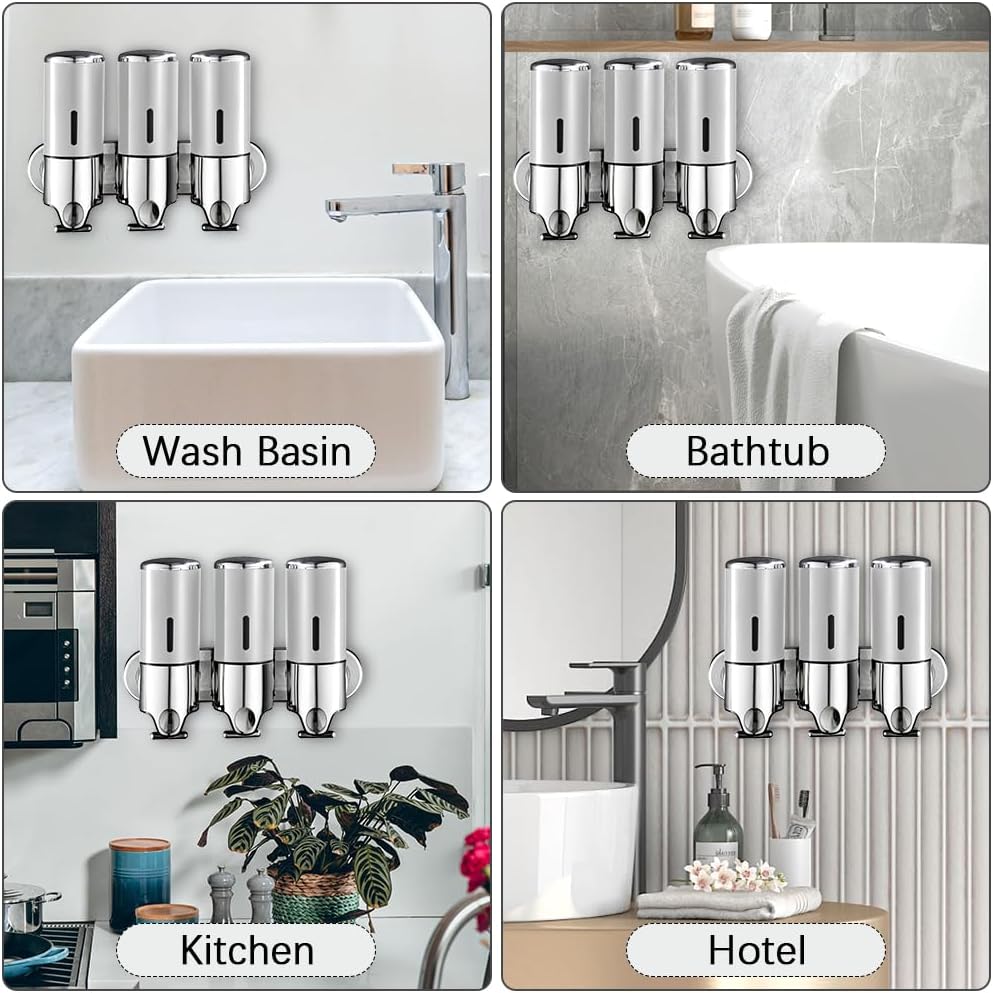 3 in 1 Chamber Wall Mounted Shampoo and Conditioner Dispenser (Silver) | No Drill Shower Soap Dispenser for Bathroom & Hotel Leak-Proof Pumps, Easy Installation and Large Capacity