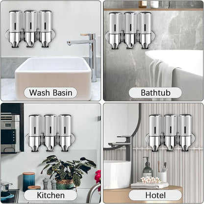 3 in 1 Chamber Wall Mounted Shampoo and Conditioner Dispenser (Silver) | No Drill Shower Soap Dispenser for Bathroom & Hotel Leak-Proof Pumps, Easy Installation and Large Capacity