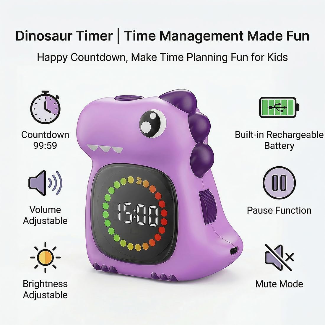 Pink Dinosaur Visual Timer for Kids, Girls Potty Training Timer | Color Countdown, Rechargeable, LED Screen, 99 Minute, Toddler, Children, Transition, 2-Min Toothbrush Setting, Hand Washing
